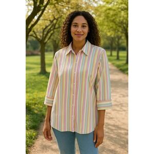 Lands End Womens 22W Pastel Striped 3/4 Sleeve Button Down Shirt Blouse Top